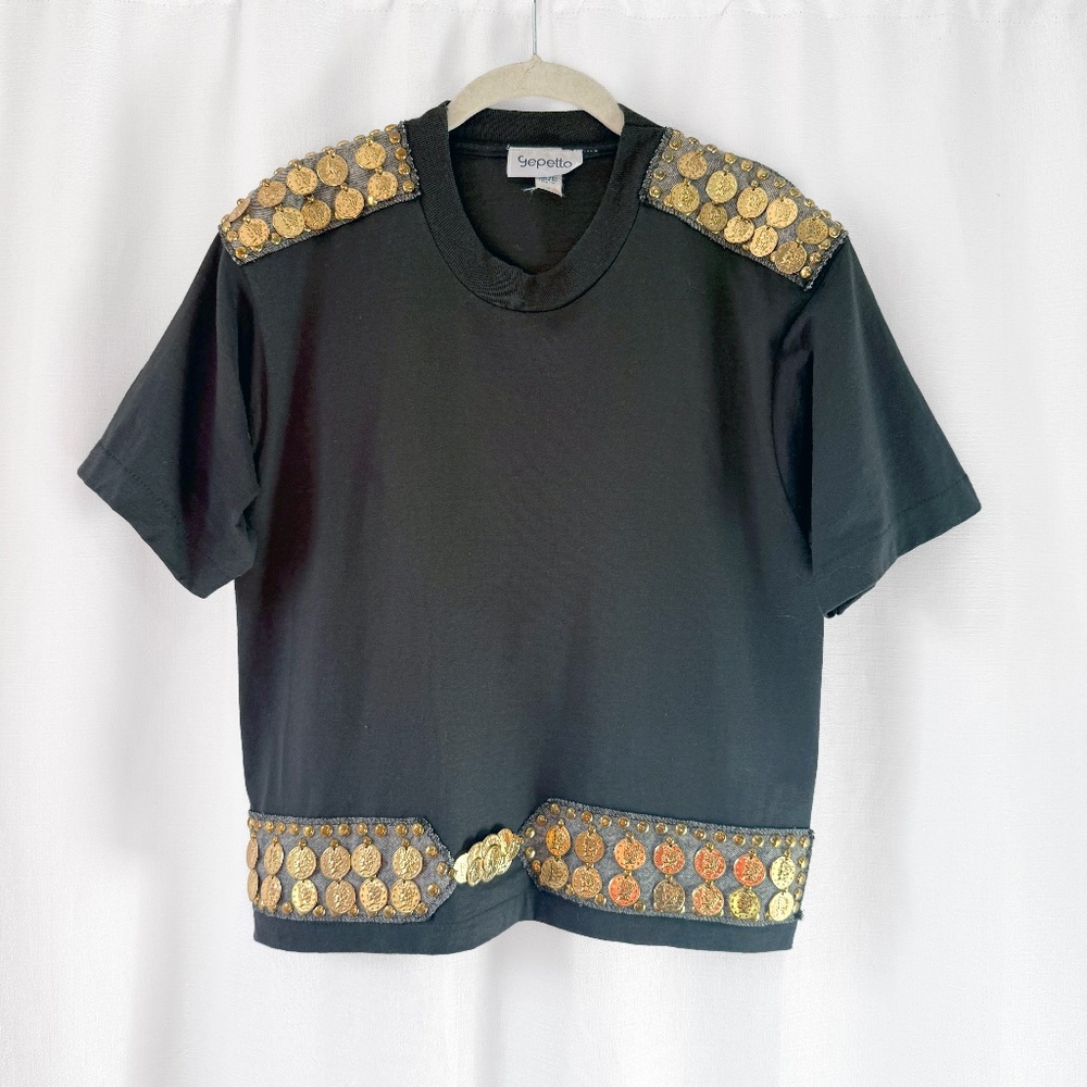 Vintage 90s Boxy black Cropped T-Shirt With Gold Coin Embellished Trim Size Med